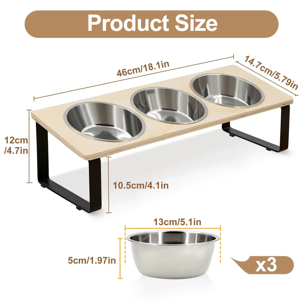 Elevated Cat Feeder with 3 Stainless Steel Bowls – Raised Pet Feeding Station