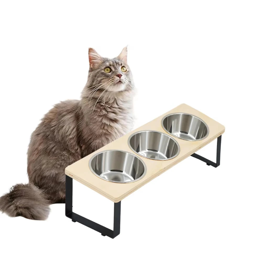Elevated Cat Feeder with 3 Stainless Steel Bowls – Raised Pet Feeding Station