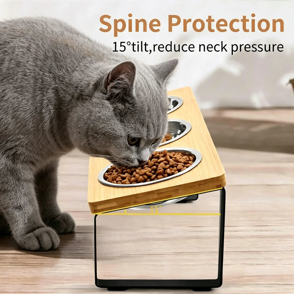 Elevated Cat Feeder with 3 Stainless Steel Bowls – Raised Pet Feeding Station