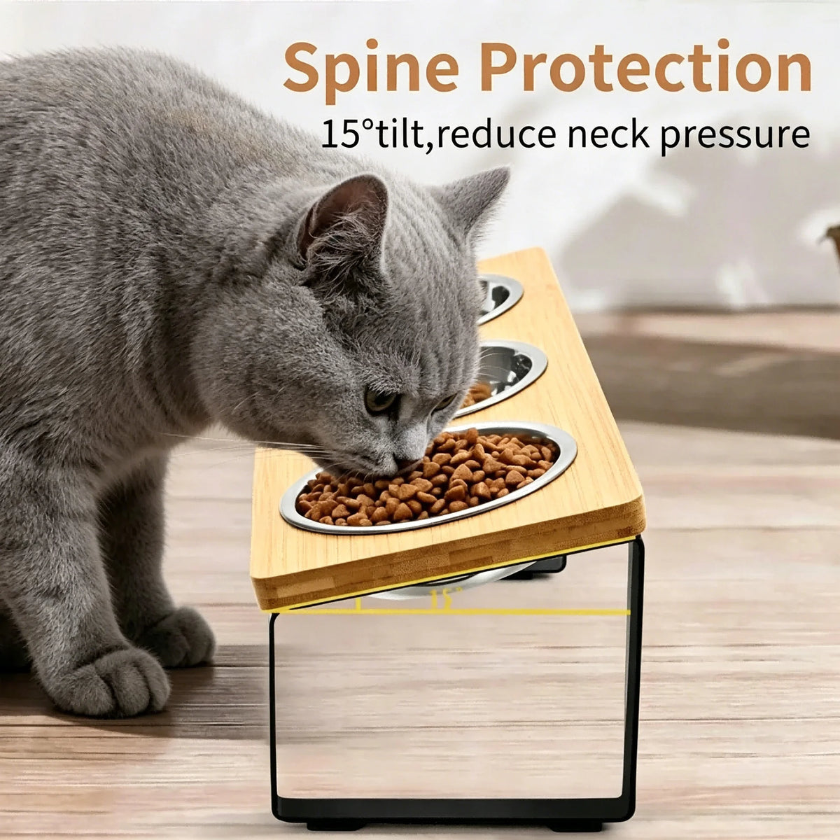 Elevated Cat Feeder with 3 Stainless Steel Bowls – Raised Pet Feeding Station